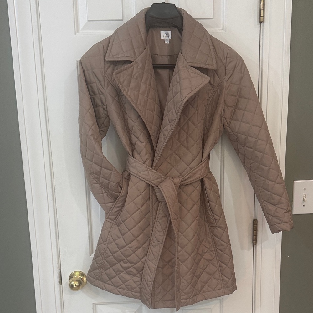 Dressbarn Quilted Brown Puffer Coat Belt Pockets Clinched Waist Large